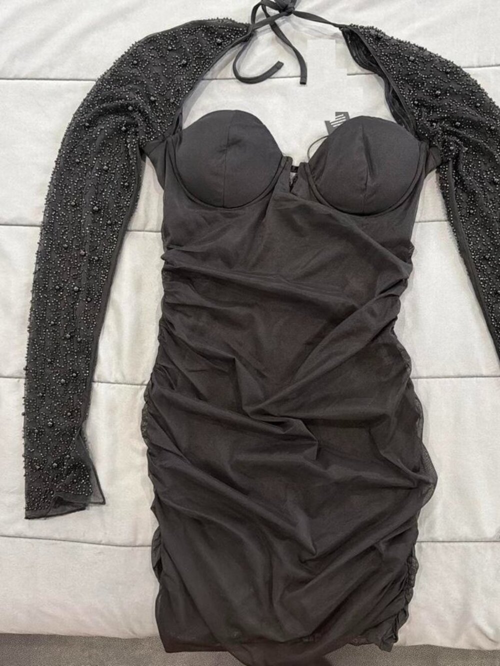 FASHION NOVA Princess Beaded Mini Dress - Black Size Large Long Sleeve